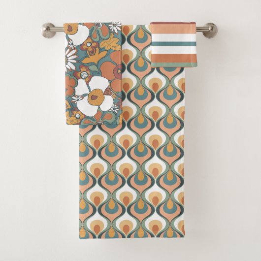 Retro Mod Patterns Sage Aquamarin Terracotta auf d Badhandtuch Set (Insitu)