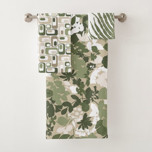 Retro-Mod-Patterns Salbei Olivgrün Beige Badhandtuch Set (Insitu)