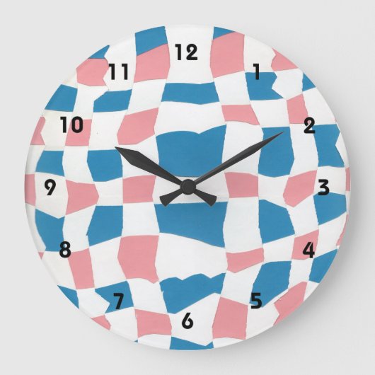 Retro Mod Pink Blue Checkerboard Abstract Große Wanduhr (Vorderseite)