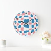 Retro Mod Pink Blue Checkerboard Abstract Große Wanduhr (Zuhause)