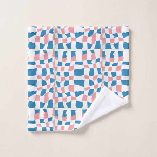 Retro Mod Pink Blue Checkerboard Abstrakt Badhandtuch Set (Waschlappen)