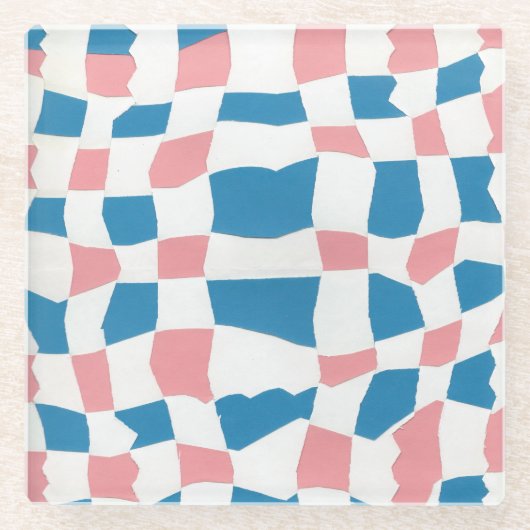 Retro Mod Pink Blue Checkerboard Abstrakt Glasuntersetzer (Vorderseite)