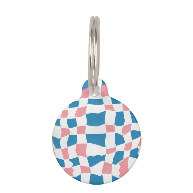 Retro Mod Pink Blue Checkerboard Abstrakt Haustiermarke (Vorderseite)
