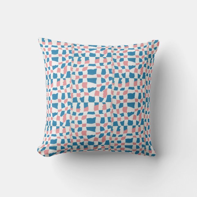 Retro Mod Pink Blue Checkerboard Abstrakt Kissen (Vorderseite)