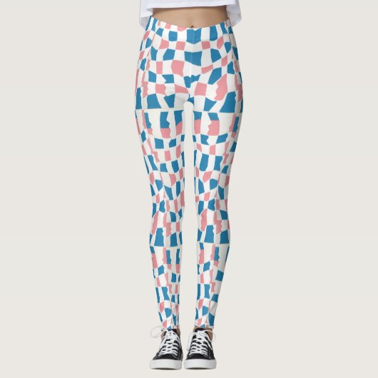 Retro Mod Pink Blue Checkerboard Abstrakt Leggings (Vorderseite)