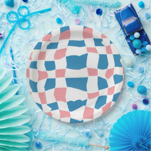 Retro Mod Pink Blue Checkerboard Abstrakt Pappteller (Party)