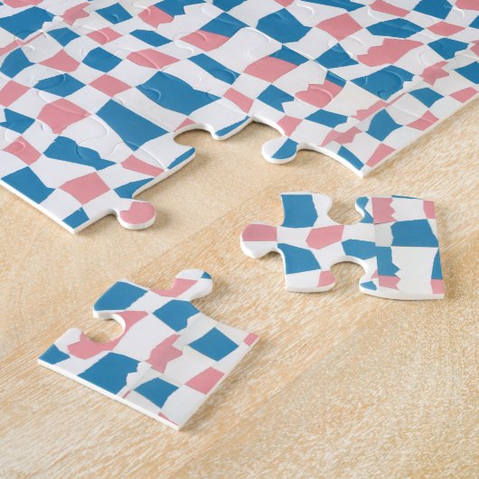 Retro Mod Pink Blue Checkerboard Abstrakt Puzzle (Seite)