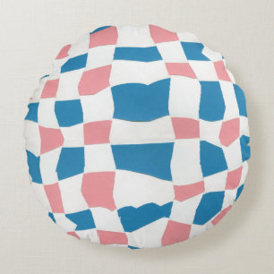 Retro Mod Pink Blue Checkerboard Abstrakt Rundes Kissen