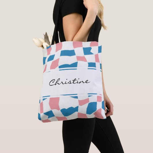 Retro Mod Pink Blue Checkerboard Abstrakt Tasche (Von Nahem)
