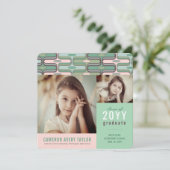 Retro Mod Pink & Mint Ogee 2 Foto Abschluss Einladung (Stehend Vorderseite)