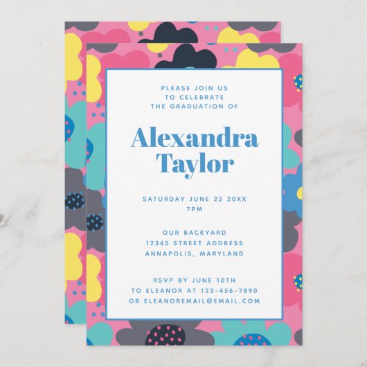 Retro Mod Pop Blume Graduierungspartei Einladung (Vorne/Hinten)