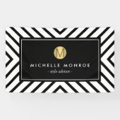 Retro Mod Schwarz und Weiß Muster Gold Monogramm Banner (Horizontal)
