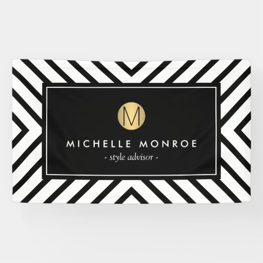 Retro Mod Schwarz und Weiß Muster Gold Monogramm Banner (Horizontal)