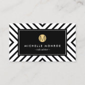 Retro Mod Schwarz und Weiß Muster Gold Monogramm Visitenkarte (Vorderseite)