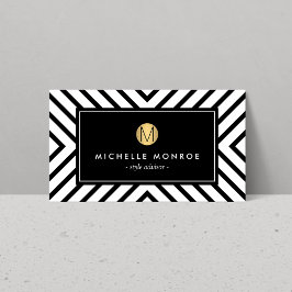 Retro Mod Schwarz und Weiß Muster Gold Monogramm Visitenkarte