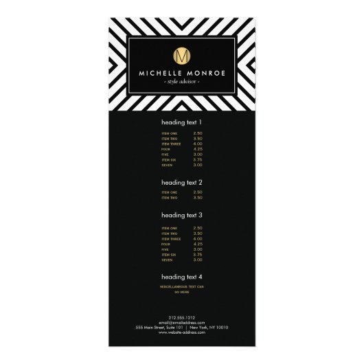 Retro Mod Schwarz und Weiß Muster Gold Monogramm Werbekarte (Vorne)