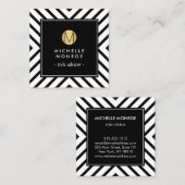 Retro Mod Schwarz/Weiß Muster Gold Circle Monogram Quadratische Visitenkarte (Vorne/Hinten)
