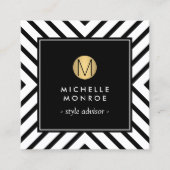 Retro Mod Schwarz/Weiß Muster Gold Circle Monogram Quadratische Visitenkarte (Vorderseite)