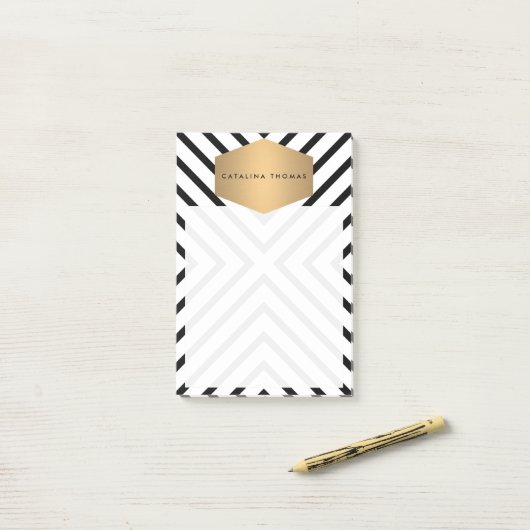 Retro Mod Schwarz-Weiß-Muster mit GoldEmblem Post-it Klebezettel (Auf Schreibtisch)