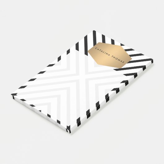Retro Mod Schwarz-Weiß-Muster mit GoldEmblem Post-it Klebezettel (angewinkelt)