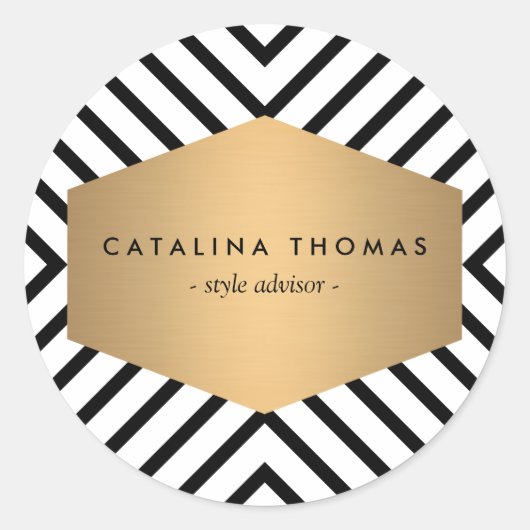 Retro Mod Schwarz-Weiß-Muster mit GoldEmblem Runder Aufkleber (Vorderseite)