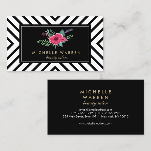 Retro Mod Schwarz-Weiß-Muster Pink-Blume Visitenkarte (Vorne/Hinten)