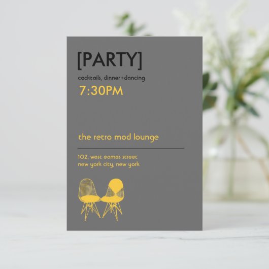 Retro Mod Sessellift Eames Wedding Empfang Einladung (Stehend Vorderseite)