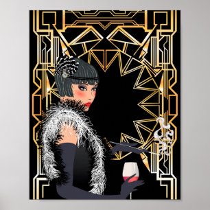 Retro Modefrau mit Glas Wein Poster