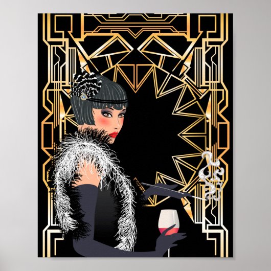 Retro Modefrau mit Glas Wein Poster (Vorne)