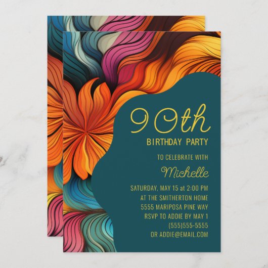 Retro Modern Aquamarin Orange Psychedelic 90. Gebu Einladung (Vorne/Hinten)