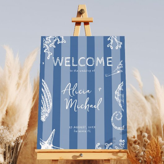 Retro modern beach striped wedding welcome sign poster