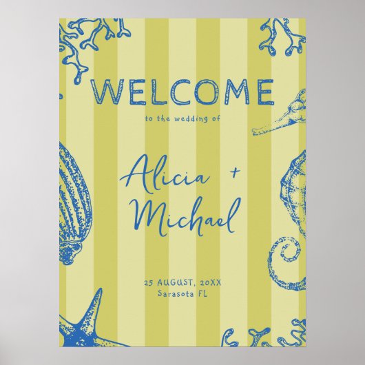 Retro modern beach striped wedding welcome sign poster (Vorne)