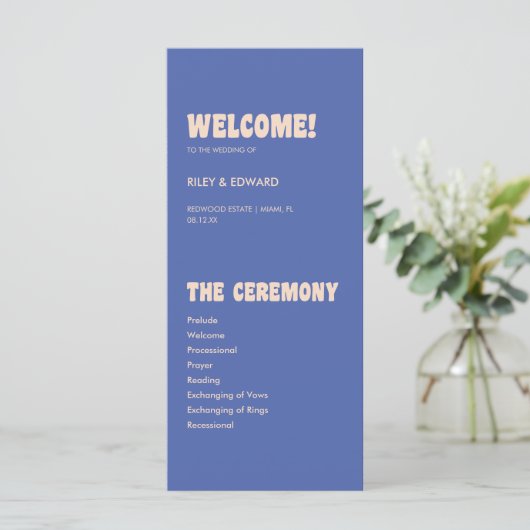 Retro Modern Blue & Beige Wedding Ceremony Programm (Stehend Vorderseite)