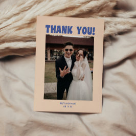Retro Modern Blue & Beige Wedding Foto Dankeskarte