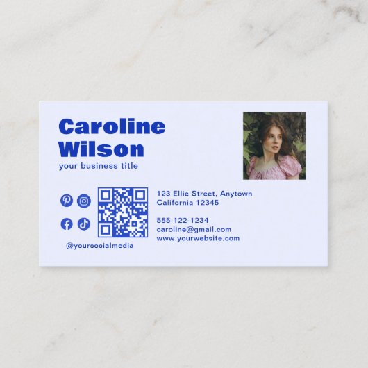 Retro Modern Blue Beruflich Foto QR Code Visitenkarte (Rückseite)