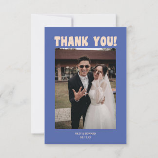 Retro Modern Bold Typography Blue Wedding Photo Dankeskarte