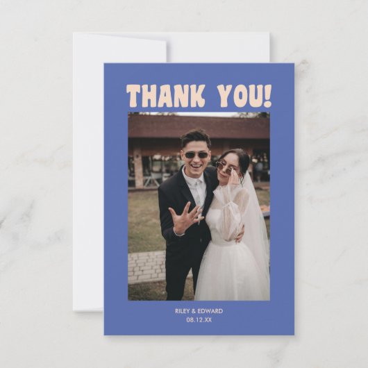 Retro Modern Bold Typography Blue Wedding Photo Dankeskarte (Vorderseite)