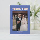 Retro Modern Bold Typography Blue Wedding Photo Dankeskarte (Stehend Vorderseite)