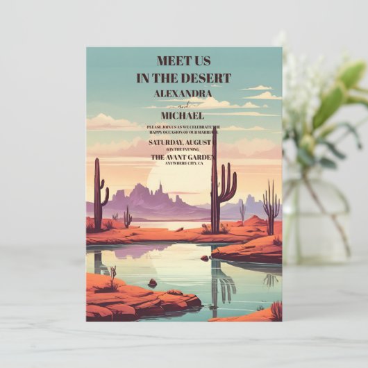 Retro Modern Cactus Wedding Einladung (Stehend Vorderseite)