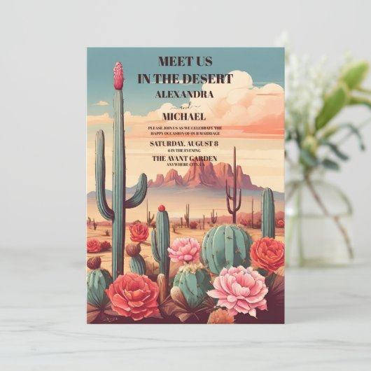 Retro Modern Cactus Wedding Einladung (Stehend Vorderseite)