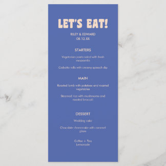 Retro Modern Dark Blue Beige "Let's Eat!" Wedding Menükarte