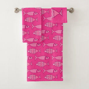 Retro Modern Fisch, Fuchsia und Light Pink Badhandtuch Set