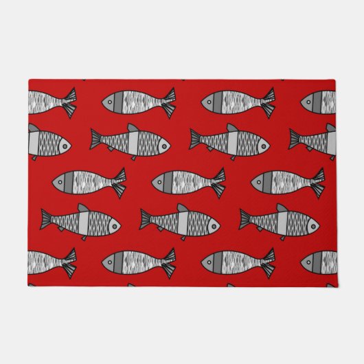 Retro Modern Fish, Deep Red & Grey / Grau Fußmatte (Vorderseite)