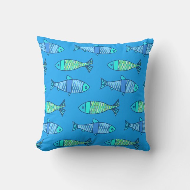 Retro Modern Fish Print, Türkis und Blau Kissen (Vorderseite)
