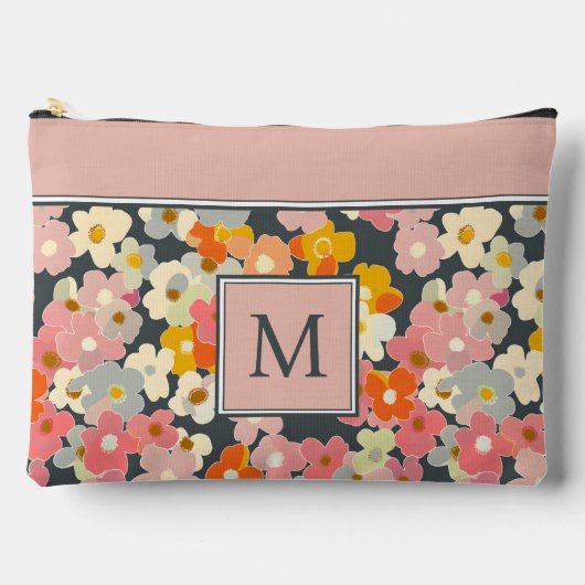 Retro Modern Floral Pink Monogramm Initial Zubehörtasche (Vorderseite)