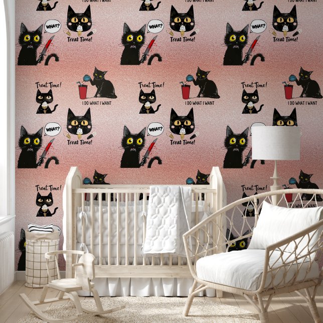 Retro Modern Funny Whimsical Black Cat - Pinkisch Tapete (Kinder)