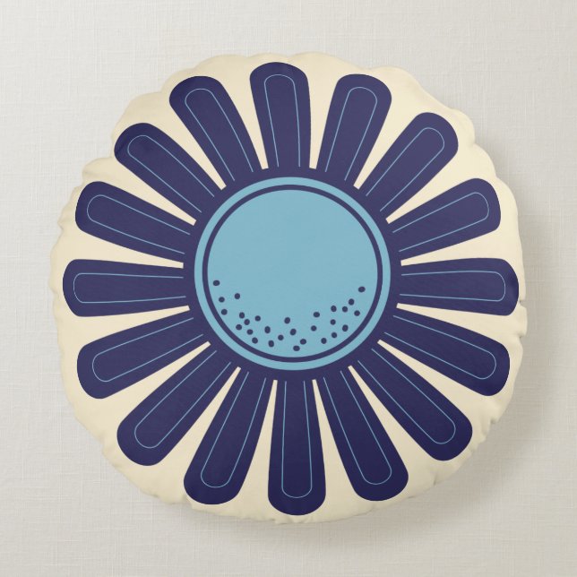 Retro Modern Geometric Daisy Blume Blau und Creme Rundes Kissen (Vorderseite)