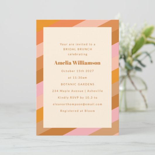 Retro Modern Geometric Pink Orange Bridal Brunch Einladung (Stehend Vorderseite)