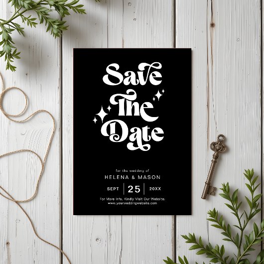 Retro Modern Groovy Bold White Script Wedding Save The Date