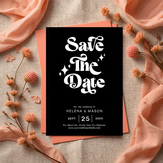 Retro Modern Groovy Bold White Script Wedding Save The Date